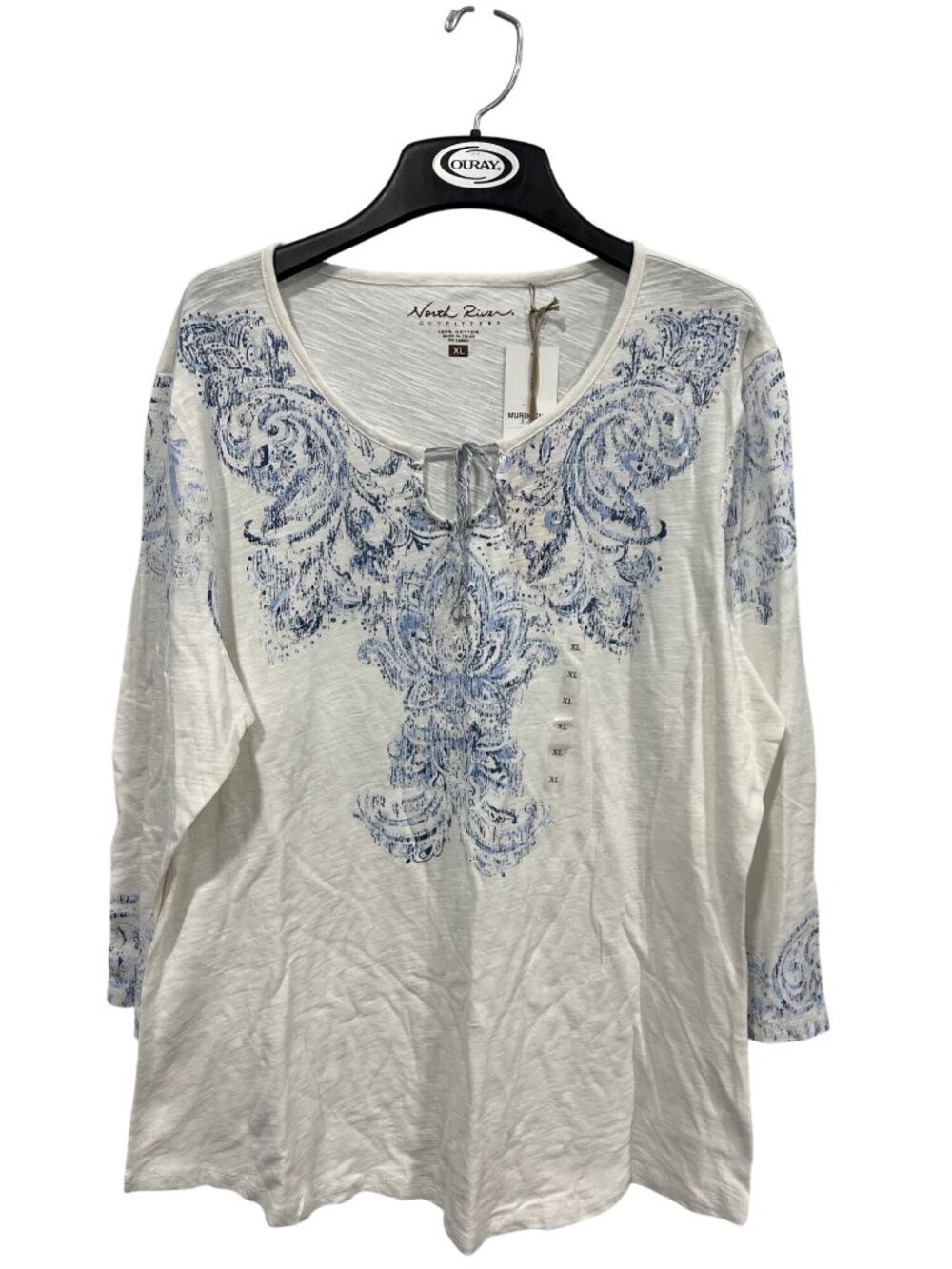 North River Outfitters Top XL Printed 3/4 Sleeve Tie Neck White Blue NEW